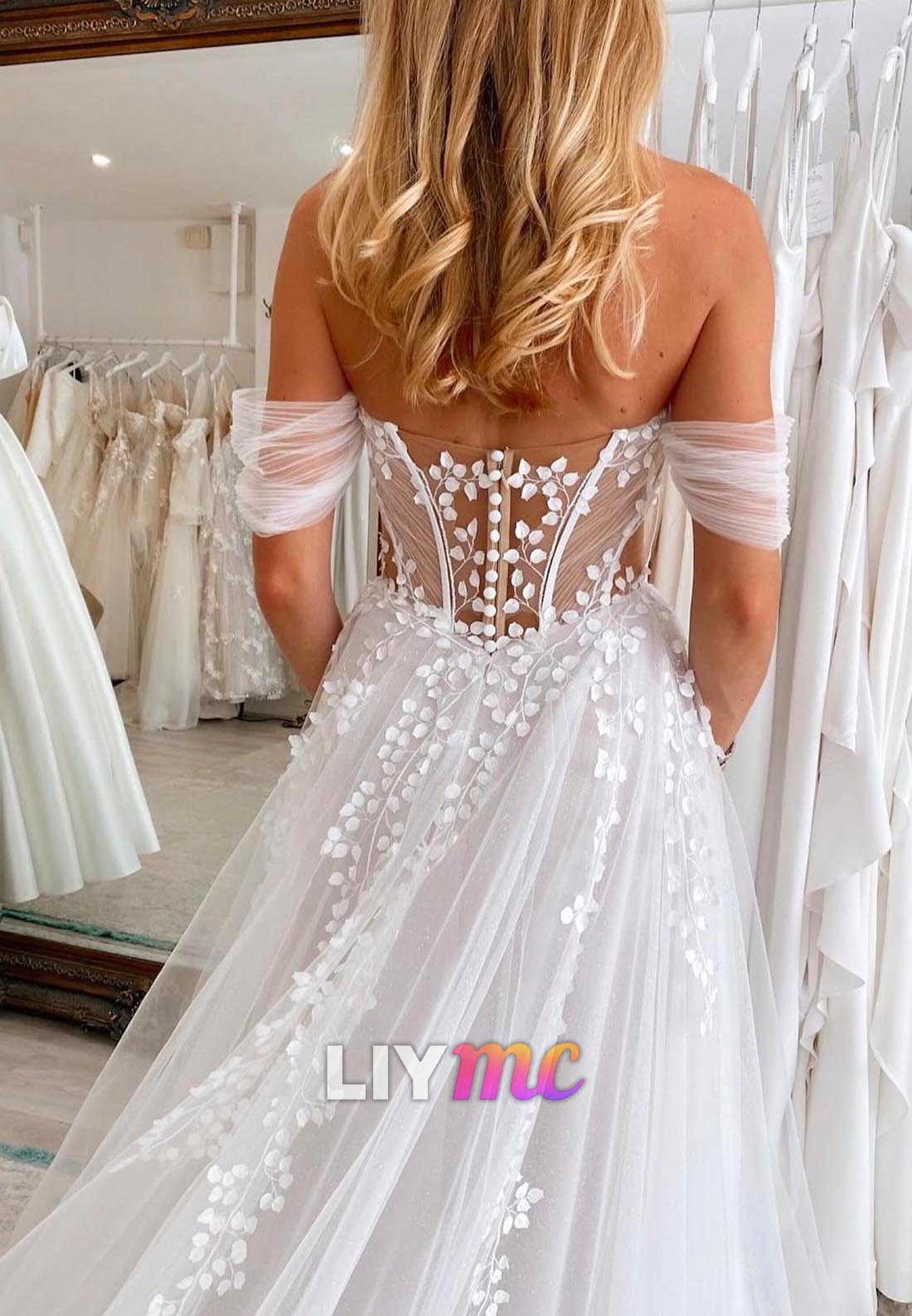 Off-Shoulder Tulle A-Line Sleeveless Summer Wedding Dress