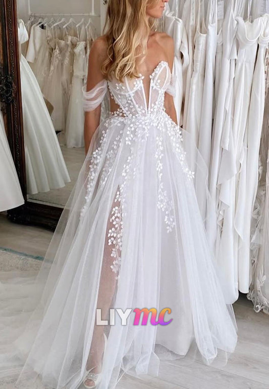 Off-Shoulder Tulle A-Line Sleeveless Summer Wedding Dress