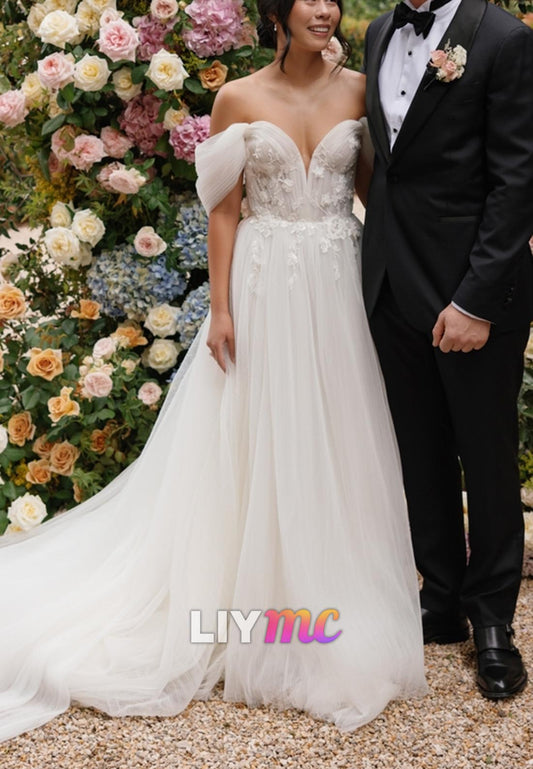 Off-Shoulder Tulle Appliques A-Line Wedding Dress