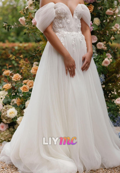 Off-Shoulder Tulle Appliques A-Line Wedding Dress