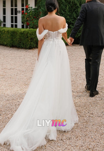 Off-Shoulder Tulle Appliques A-Line Wedding Dress