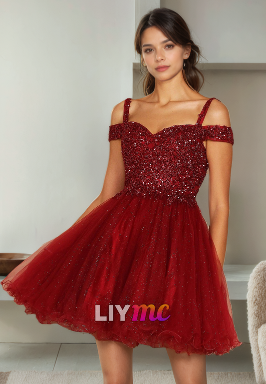 Off-Shoulder Tulle Beaded Pleated A-Line Short Homecoming Dress