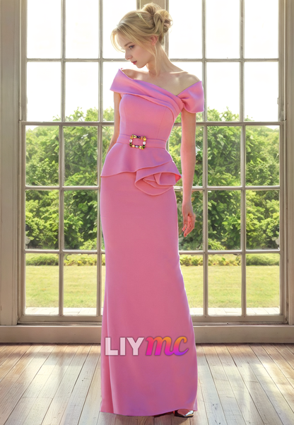Off-Shoulder Strapless Ruffled Sleek Satin Sheath Mother of Bride Dress