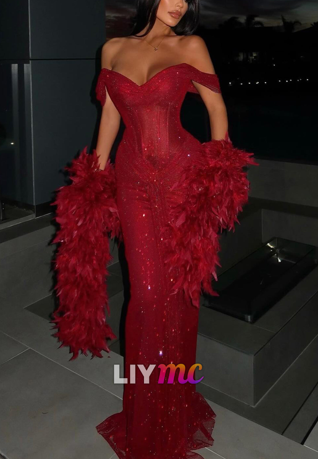 Off-Shoulder Evening Dress Sparkly Mermaid Red  Prom Dress