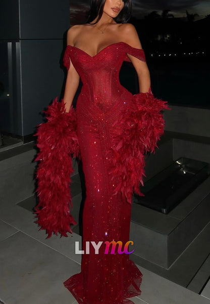 Off-Shoulder Evening Dress Sparkly Mermaid Red  Prom Dress