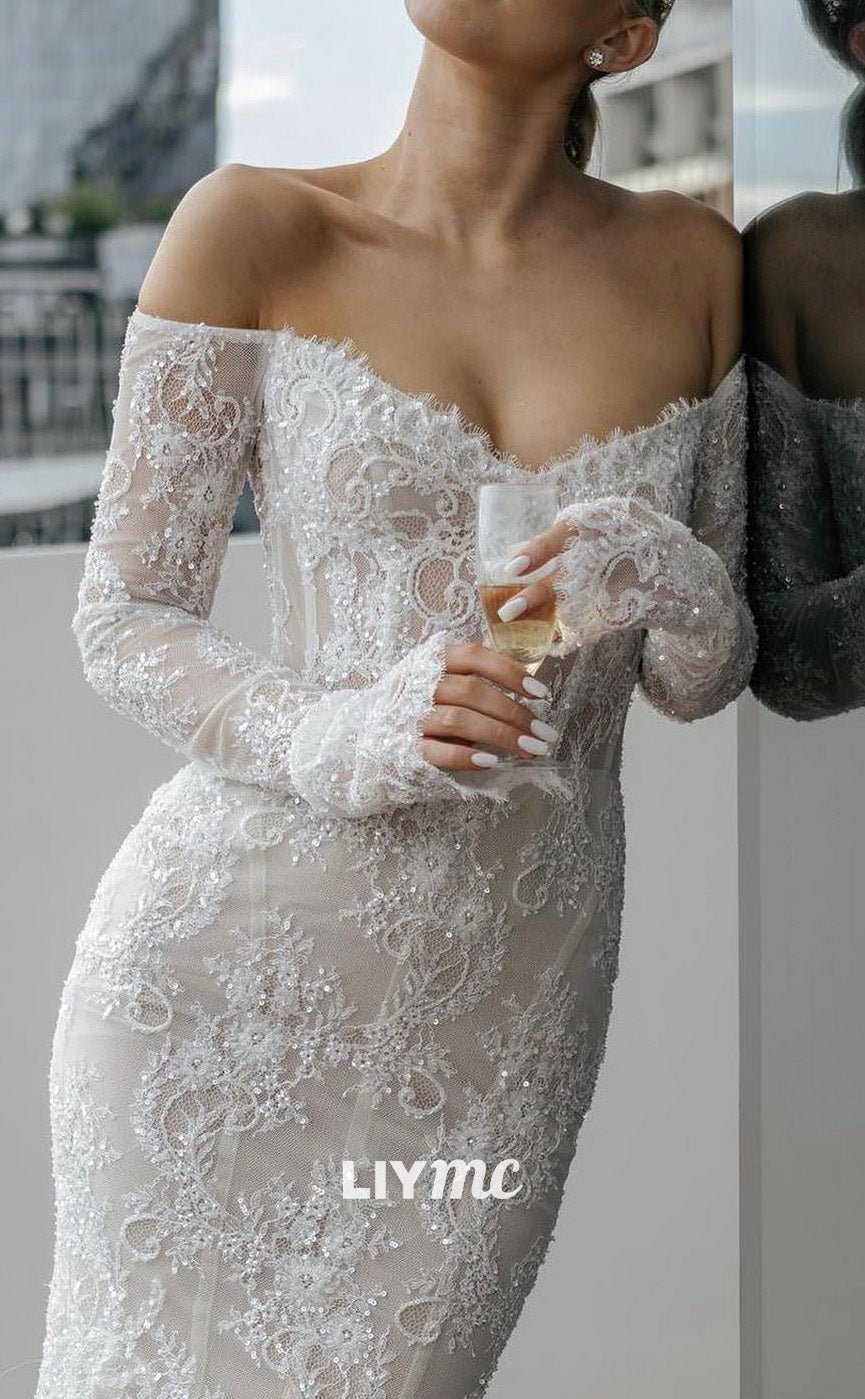 LW726 - Off-Shoulder Long Sleeves Lace Appliques Mermaid Wedding Dress