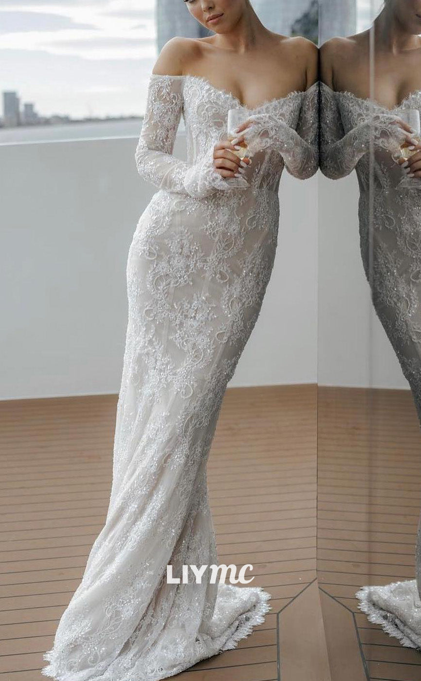 LW726 - Off-Shoulder Long Sleeves Lace Appliques Mermaid Wedding Dress