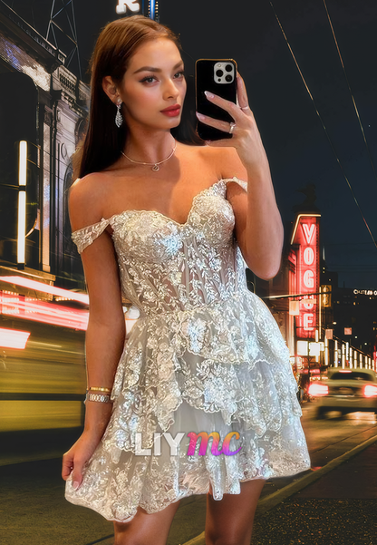 Off-Shoulder Appliques Tiered A-Line Short Homecoming Dress