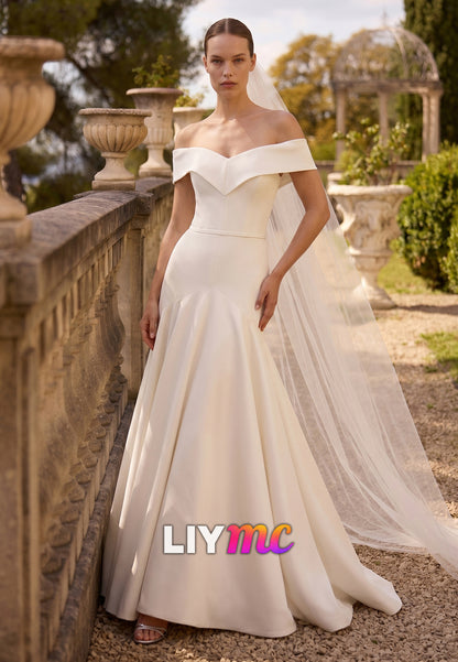 Off-Shoulder Sleeveless Mermaid Satin Wedding Dress