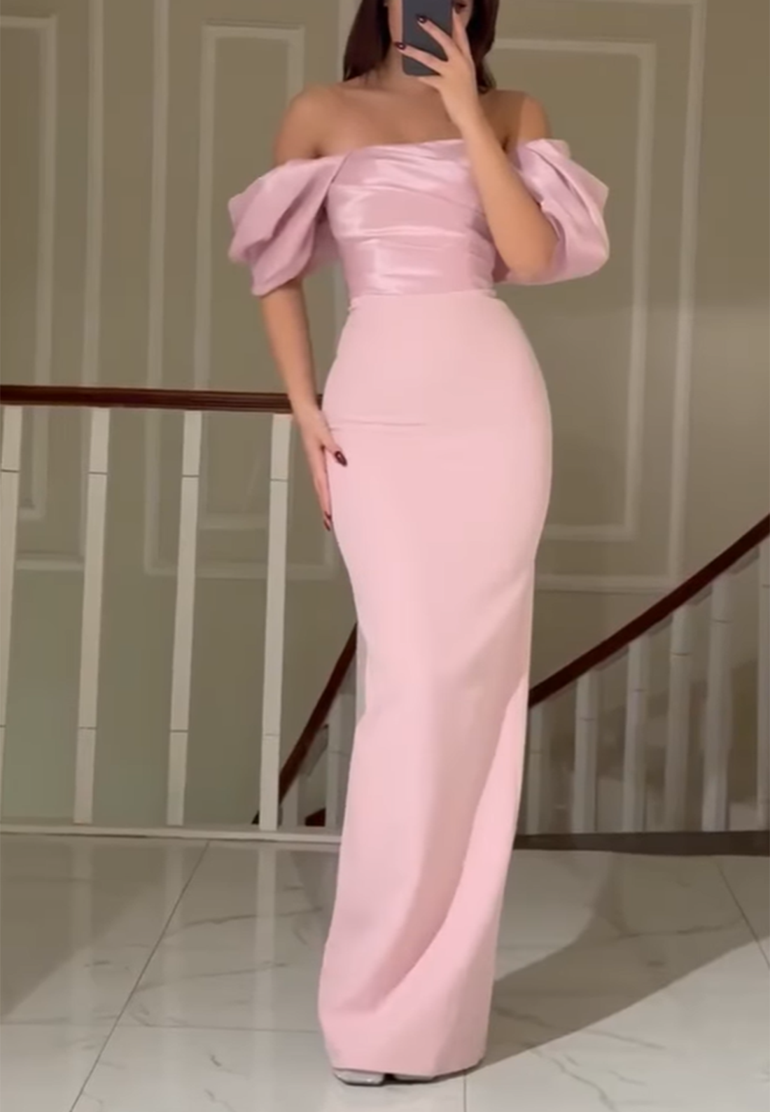 Off-Shoulder Puff Sleeves Sleek Sheath Evening Dress