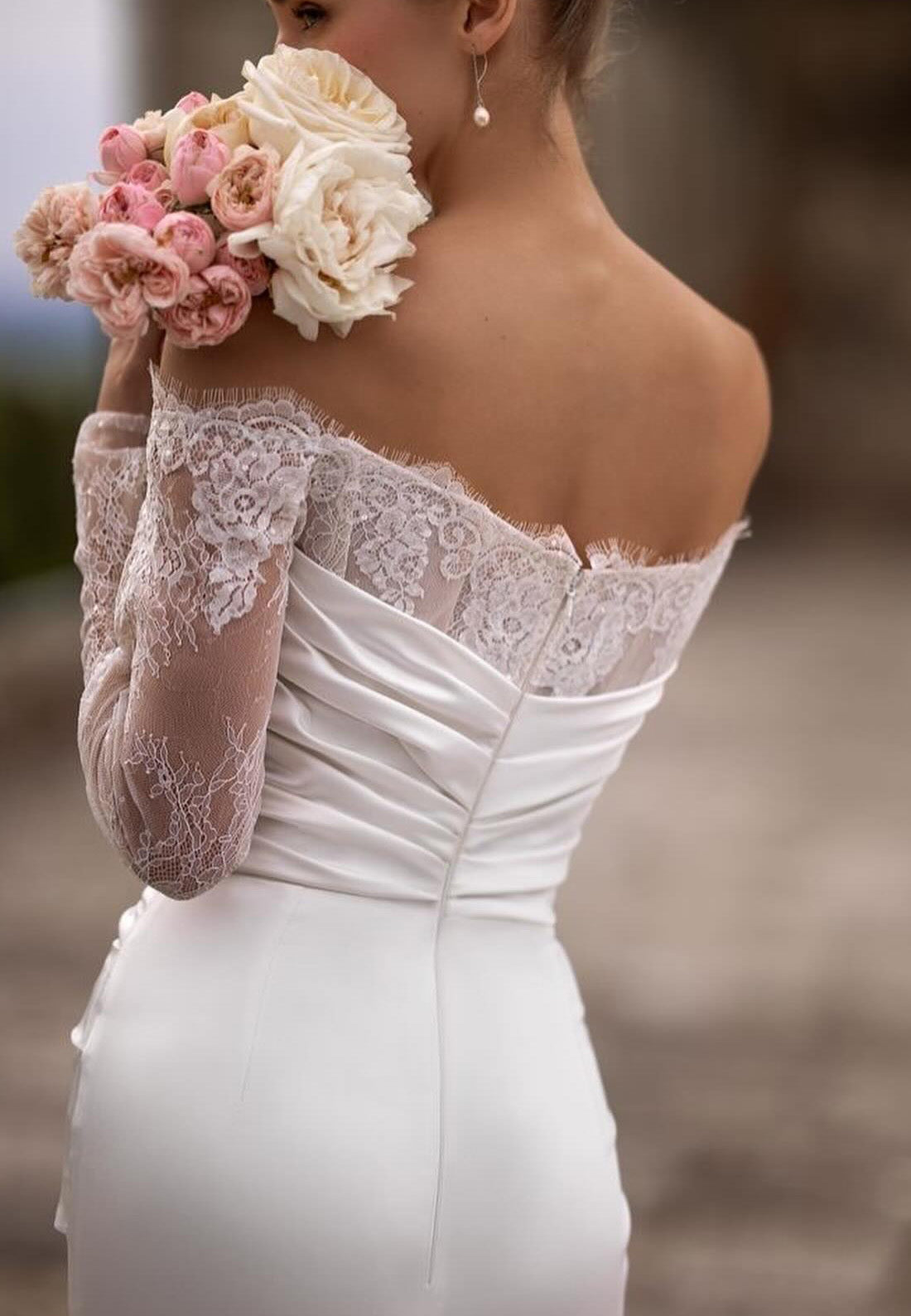 Off-Shoulder Appliques Long Sleeves Sleek Satin Mermaid Wedding Dress