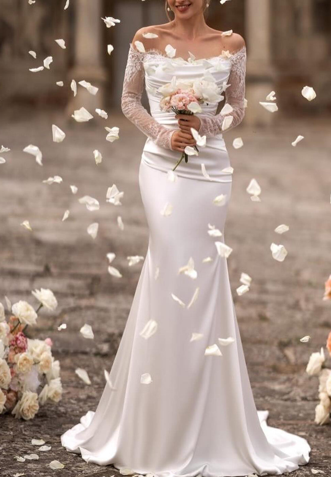 Off-Shoulder Appliques Long Sleeves Sleek Satin Mermaid Wedding Dress