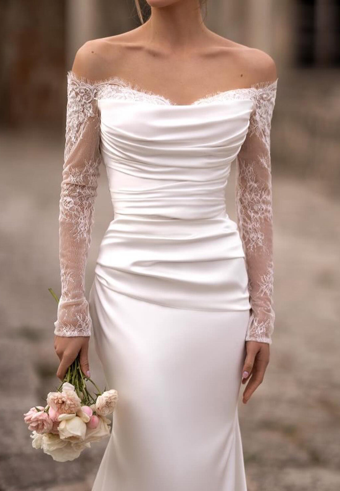 Off-Shoulder Appliques Long Sleeves Sleek Satin Mermaid Wedding Dress
