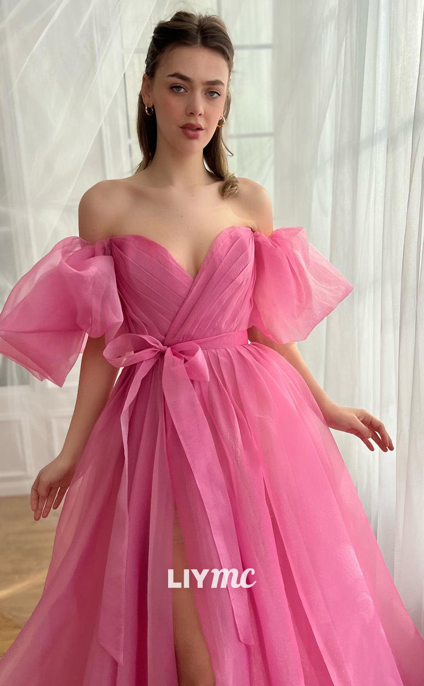 LP1782 - Off Shoulder Puff Sleeves A-Line Pleated Tulle Ball Gown Prom Dress