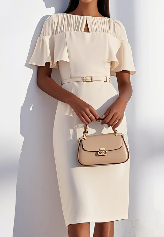 Off White Ruched Classic Crew Neck Sheath Midi Dress