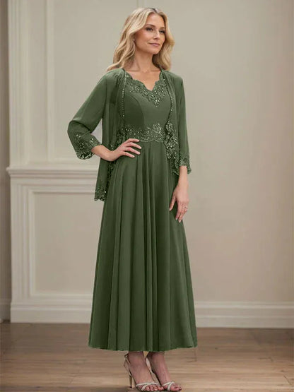 A-line V-Neck Ankle-Length Chiffon Mother of the Bride Dress With Sequins Appliques Lace Beading