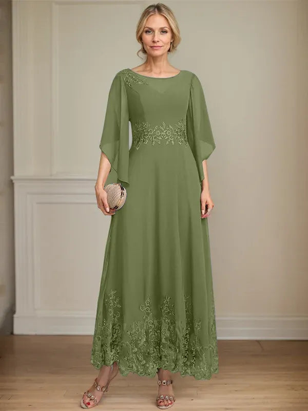 A-line Scoop Illusion Ankle-Length Lace Chiffon Mother of the Bride Dress With Sequins