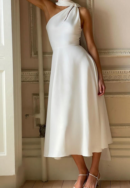 One Shoulder Halter  Sleeveless Sleek A-Line Midi Wedding Dresss