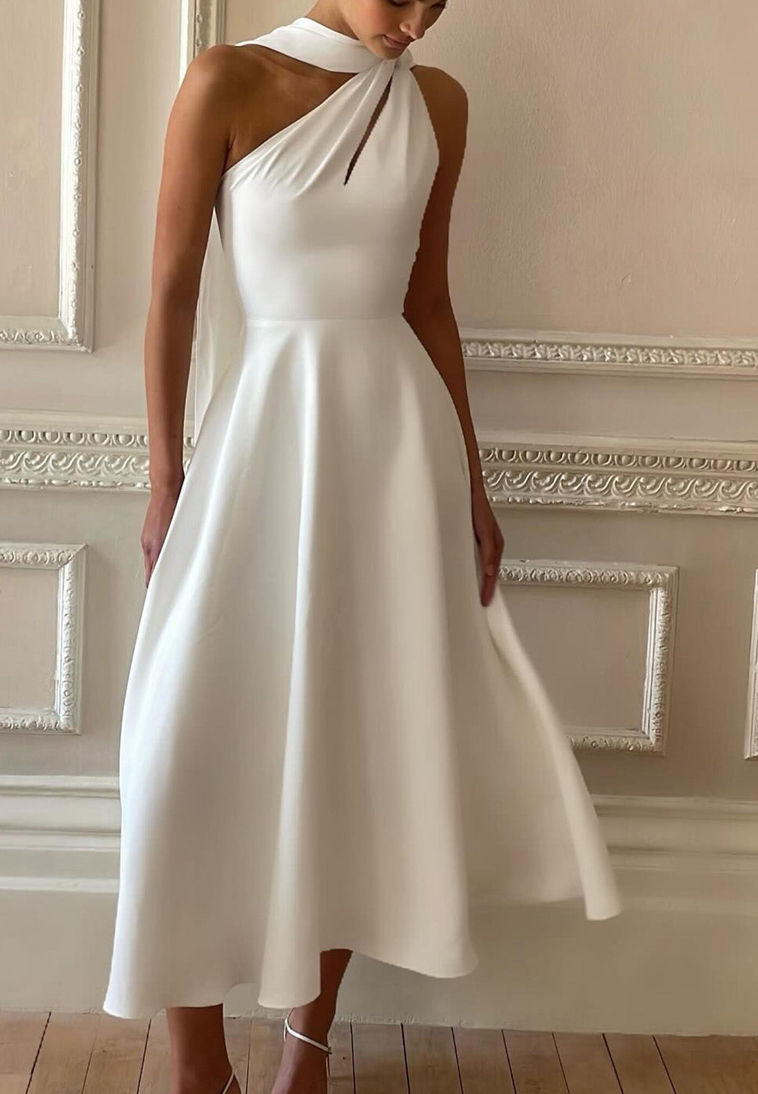 One Shoulder Halter  Sleeveless Sleek A-Line Midi Wedding Dresss
