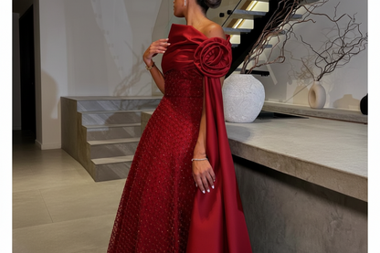 One Shoulder 3D Floral A-Line Evening Dress