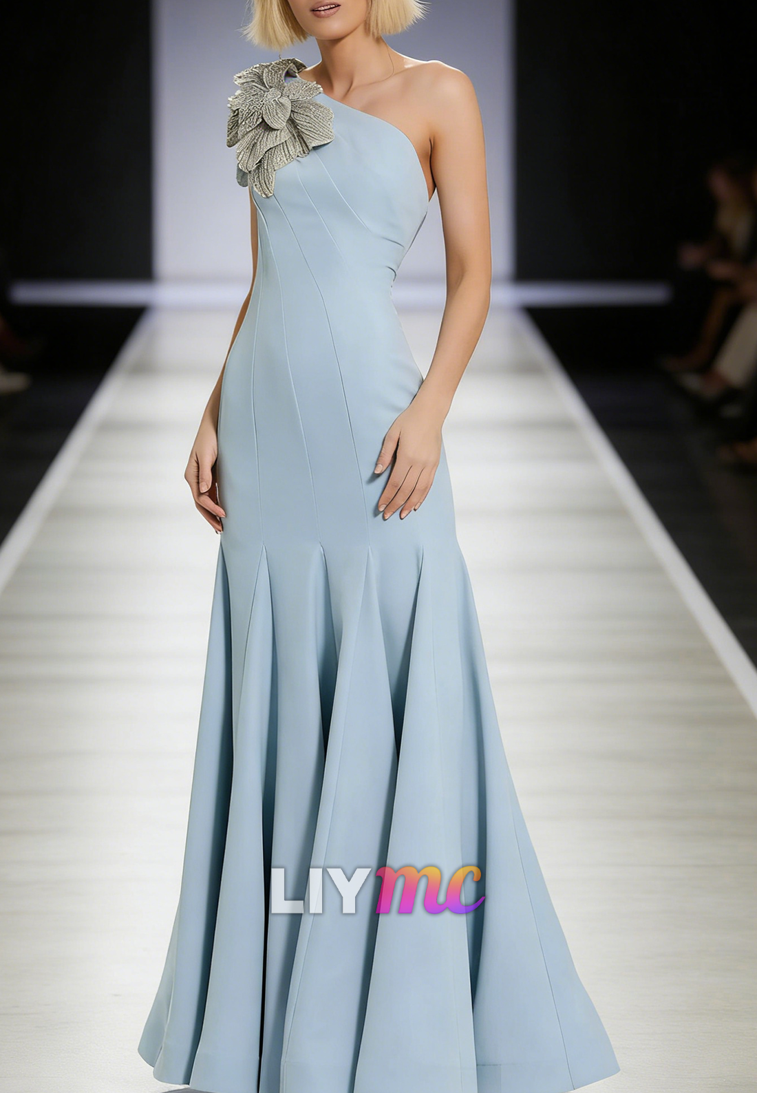 One Shoulder 3D Floral Sleeveless A-Line Evening Dress