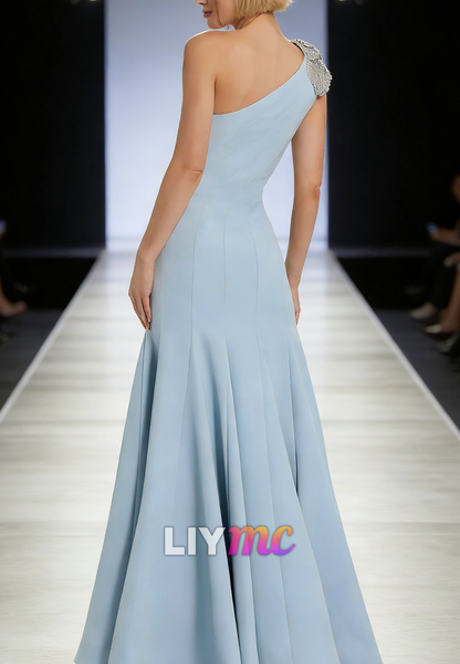 One Shoulder 3D Floral Sleeveless A-Line Evening Dress