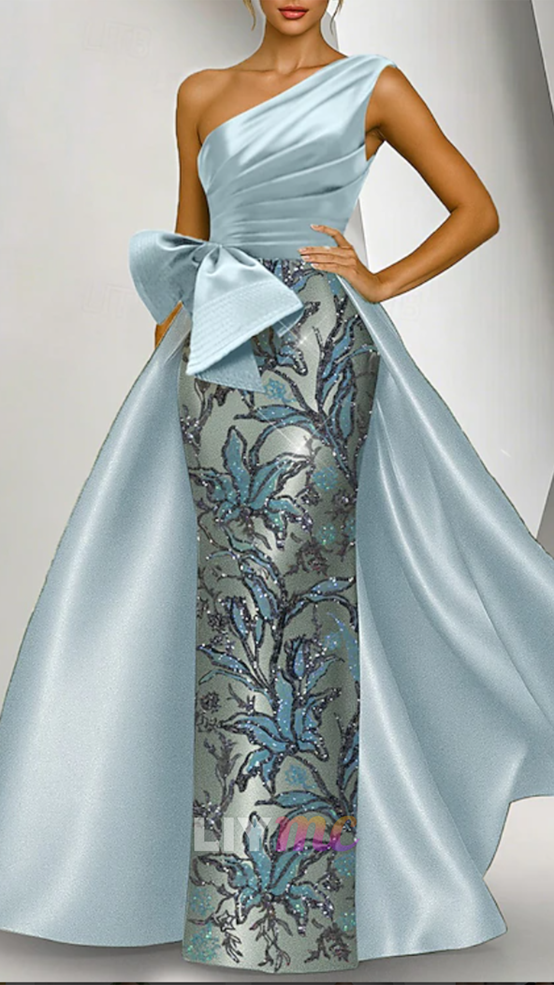 One Shoulder Appliques Bow Mermaid Evening Dress