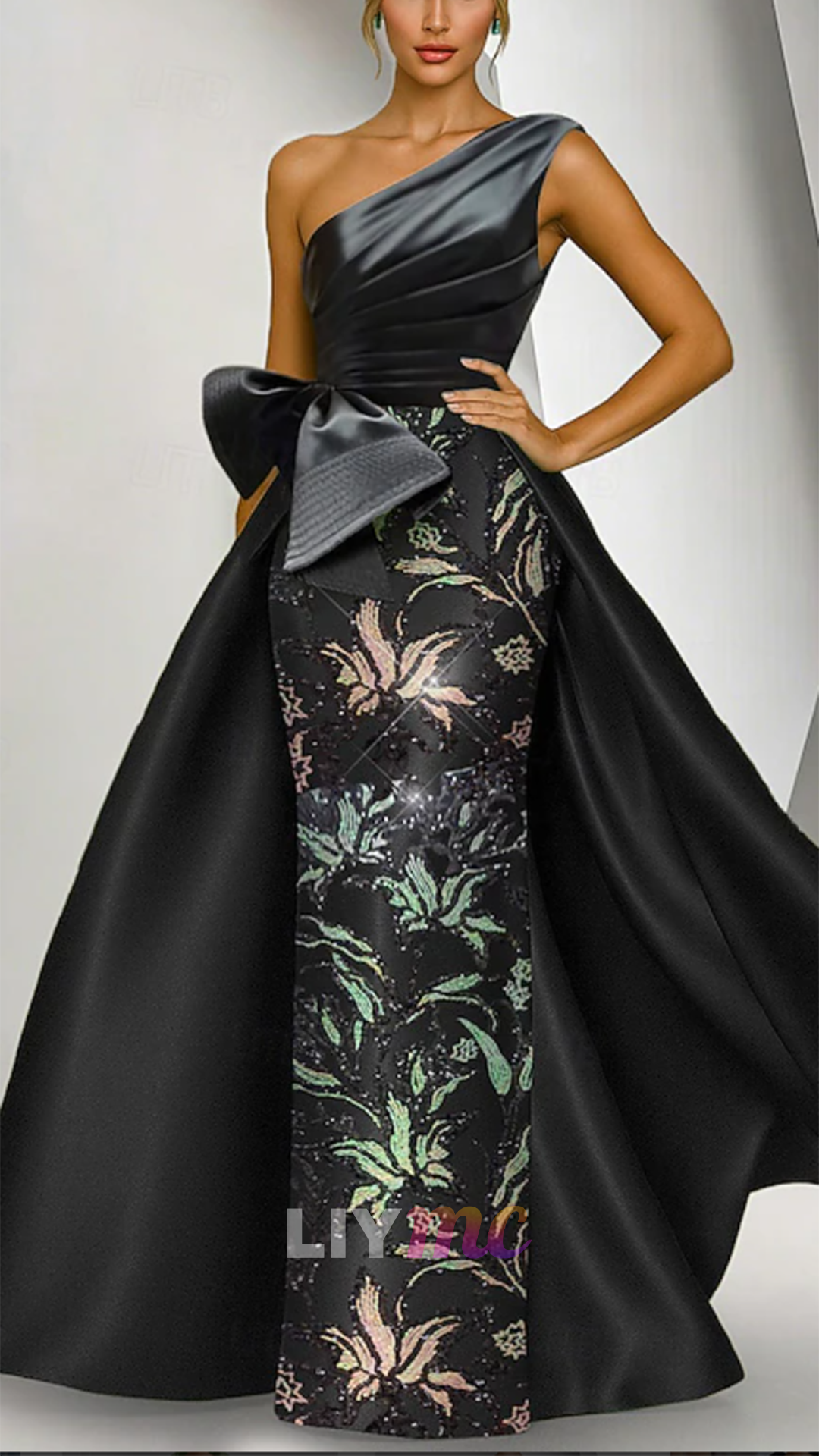 One Shoulder Appliques Bow Mermaid Evening Dress