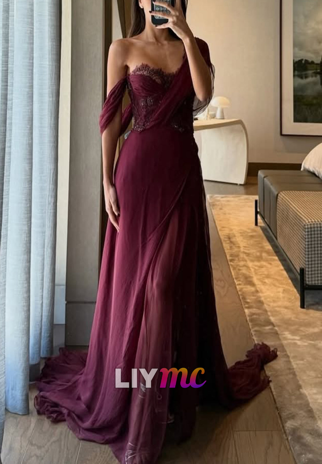 One Shoulder Appliques Sleeveless A-Line Evening Dress
