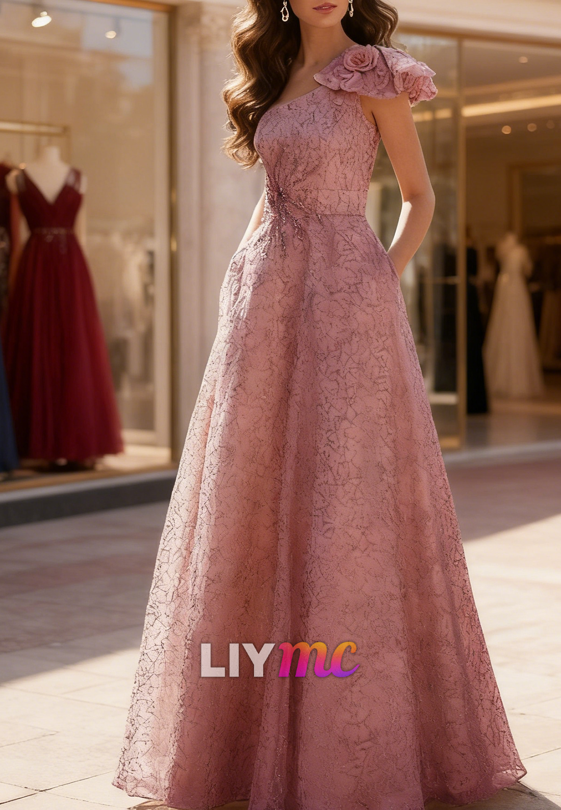 One Shoulder Appliques Sleeveless A-Line Mother of Bride Dress