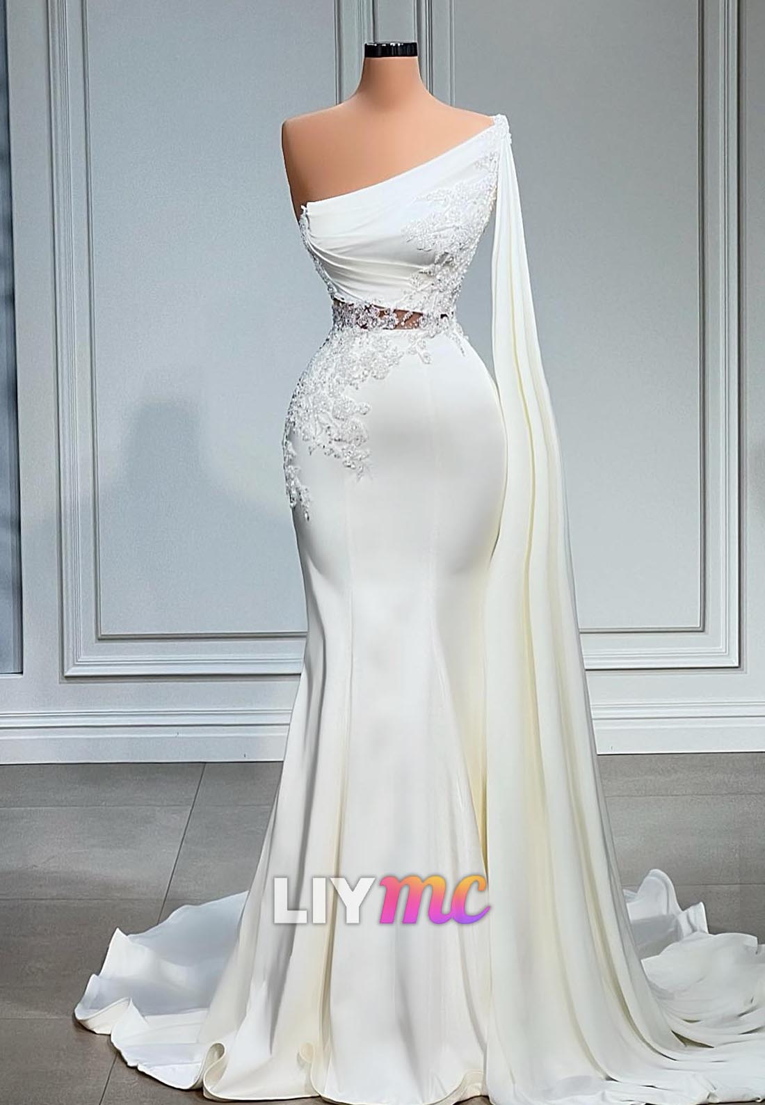 One Shoulder Appliques Sleeveless Mermaid Wedding Dress