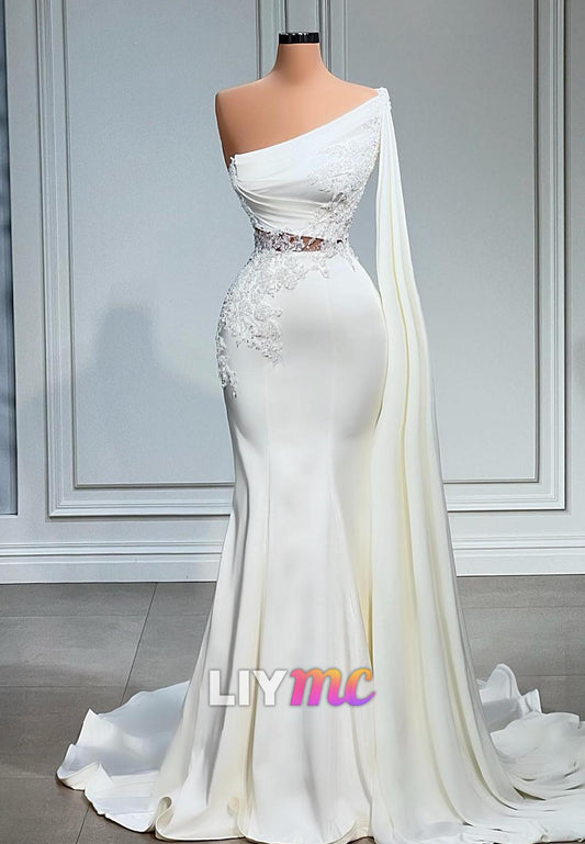 One Shoulder Appliques Sleeveless Mermaid Wedding Dress