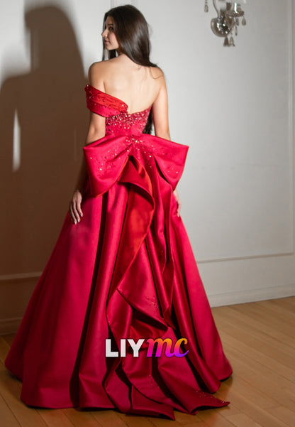 One Shoulder Beaded Bow A-Line Prom Dress