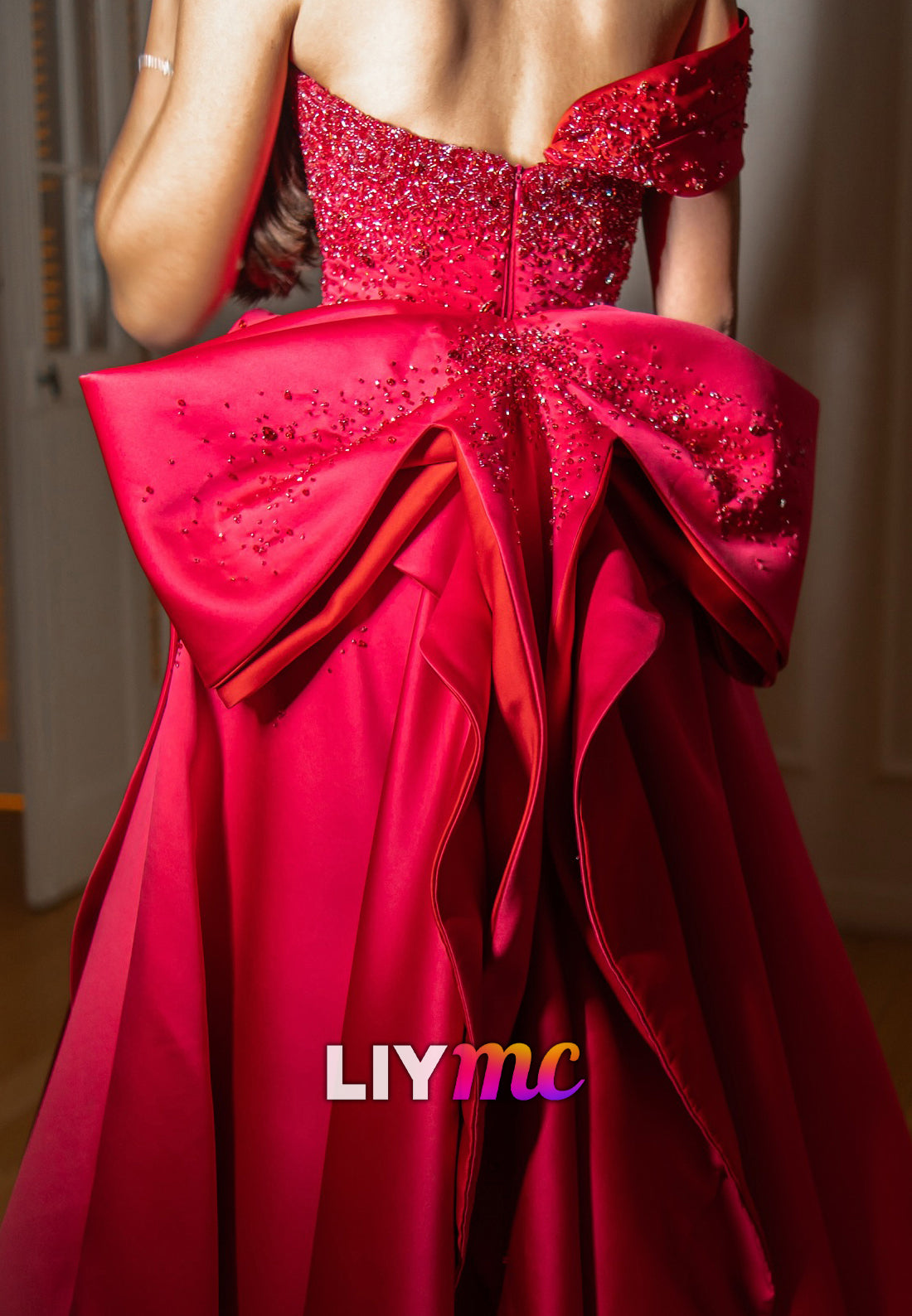 One Shoulder Beaded Bow A-Line Prom Dress