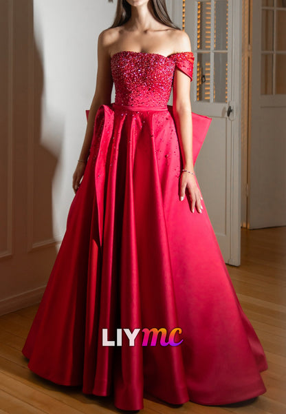 One Shoulder Beaded Bow A-Line Prom Dress