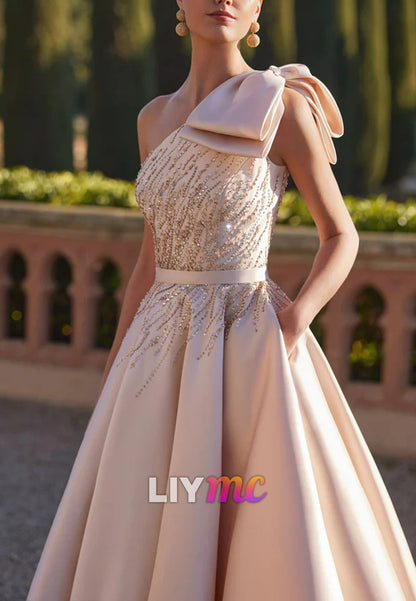 One Shoulder Beaded Bow A-Line Satin Mother of Bride Dress