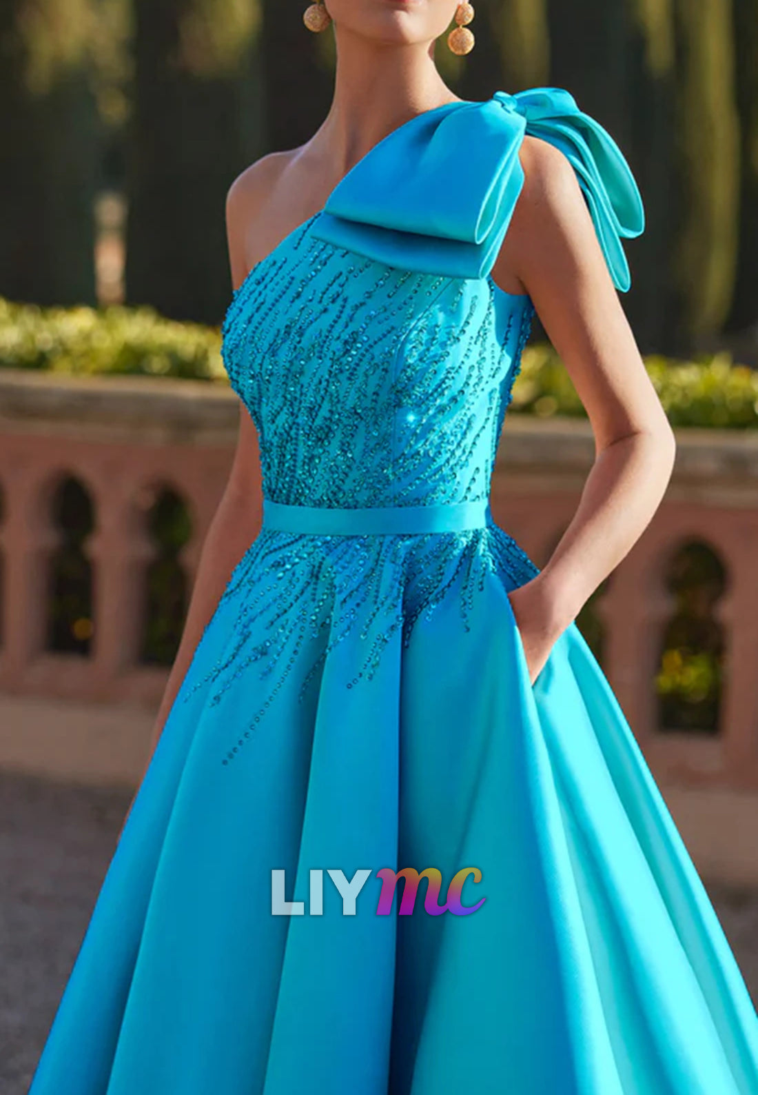 One Shoulder Beaded Bow A-Line Satin Mother of Bride Dress