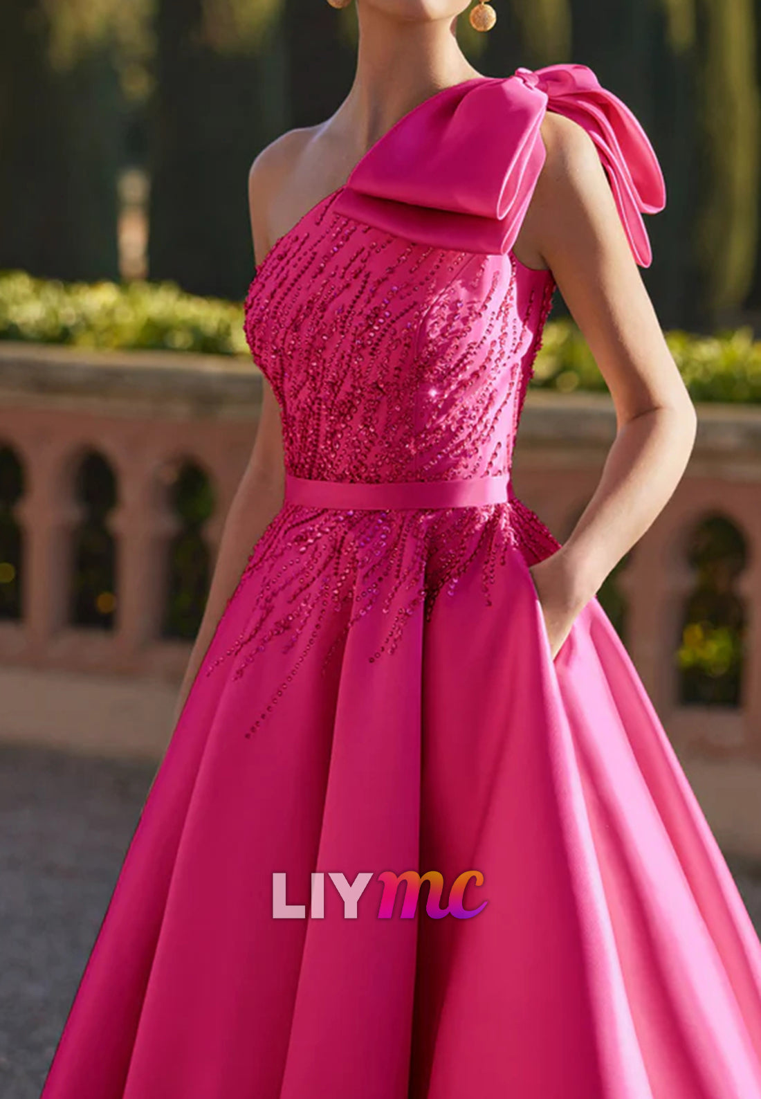 One Shoulder Beaded Bow A-Line Satin Mother of Bride Dress