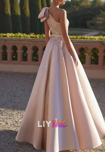 One Shoulder Beaded Bow A-Line Satin Mother of Bride Dress