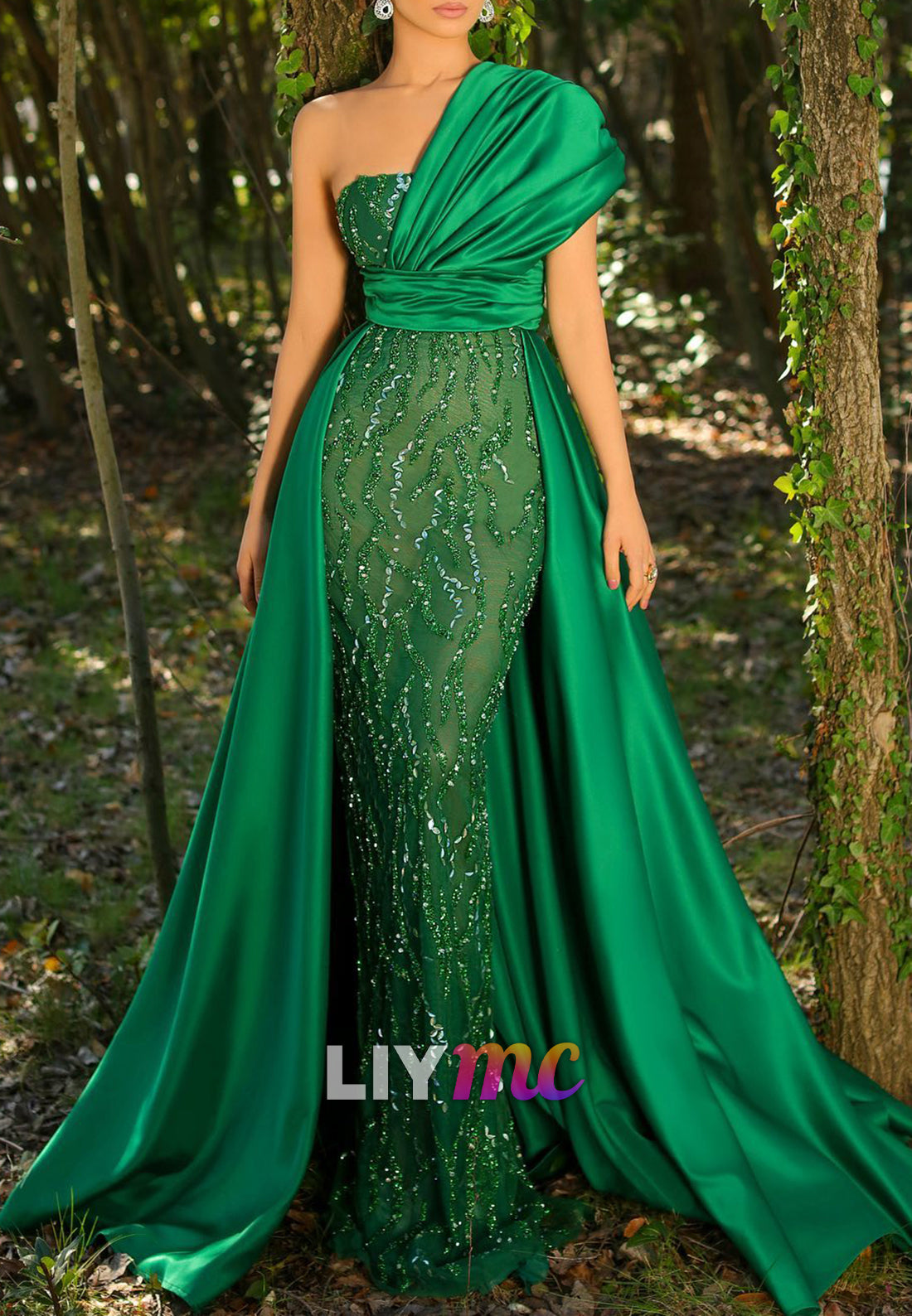 One Shoulder Beaded Embroidery Mermaid Evening Dress