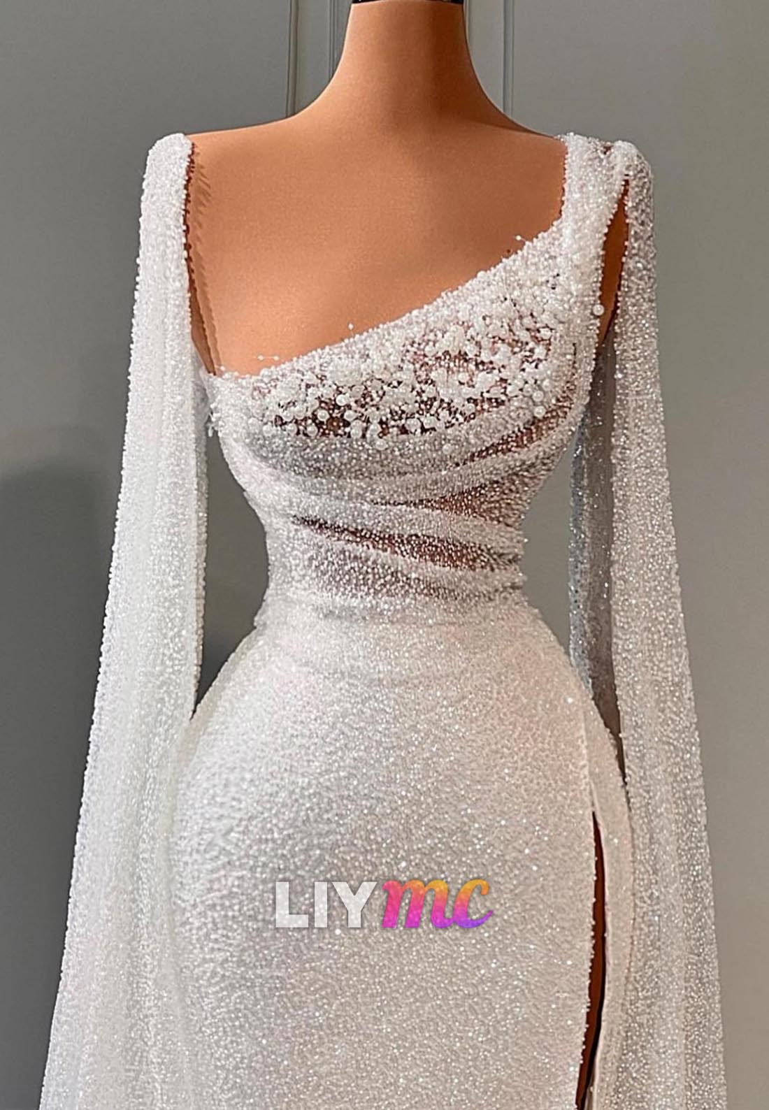 One Shoulder Beaded Embroidery Sleeveless Sheath Wedding Dress