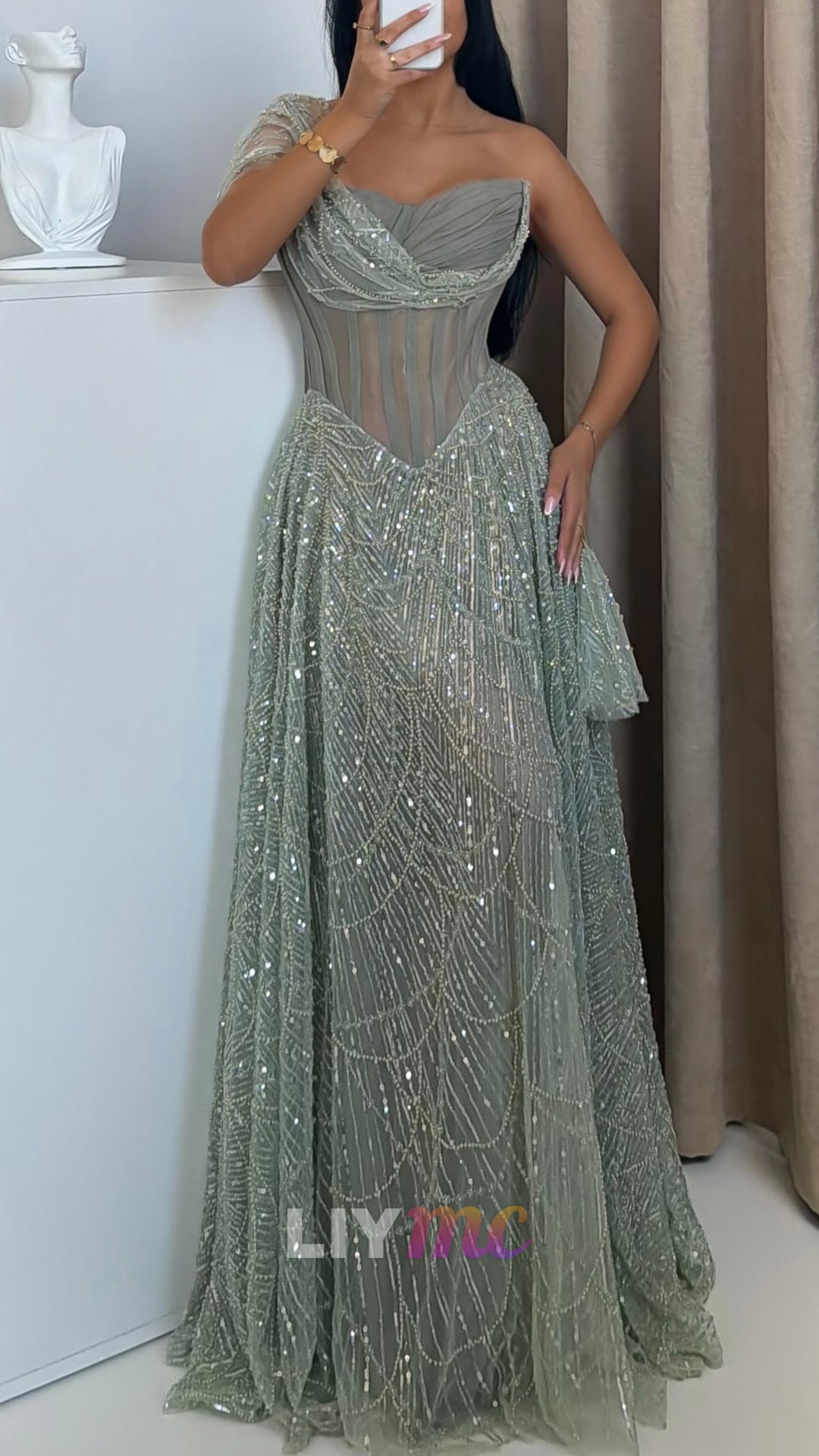One Shoulder Beaded Embroidery Sparkly A-Line Prom Dress