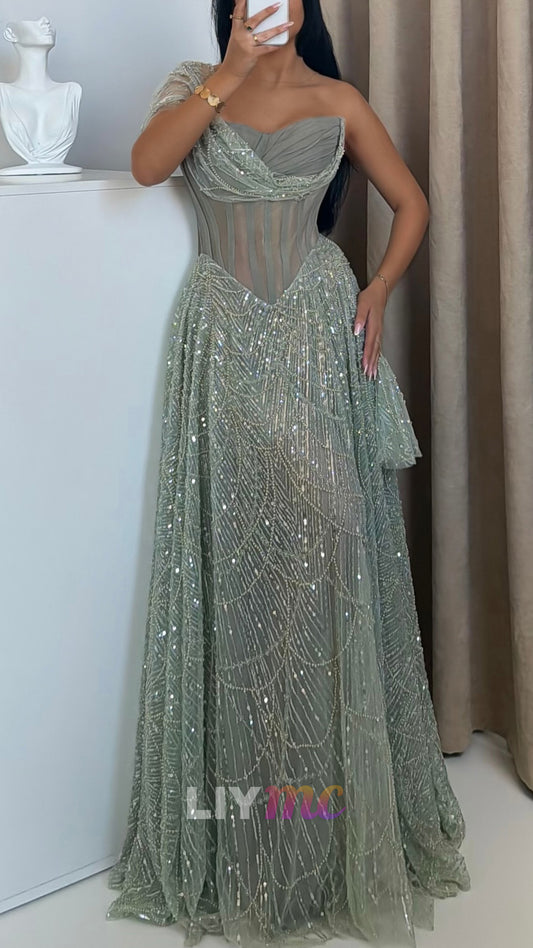 One Shoulder Beaded Embroidery Sparkly A-Line Prom Dress