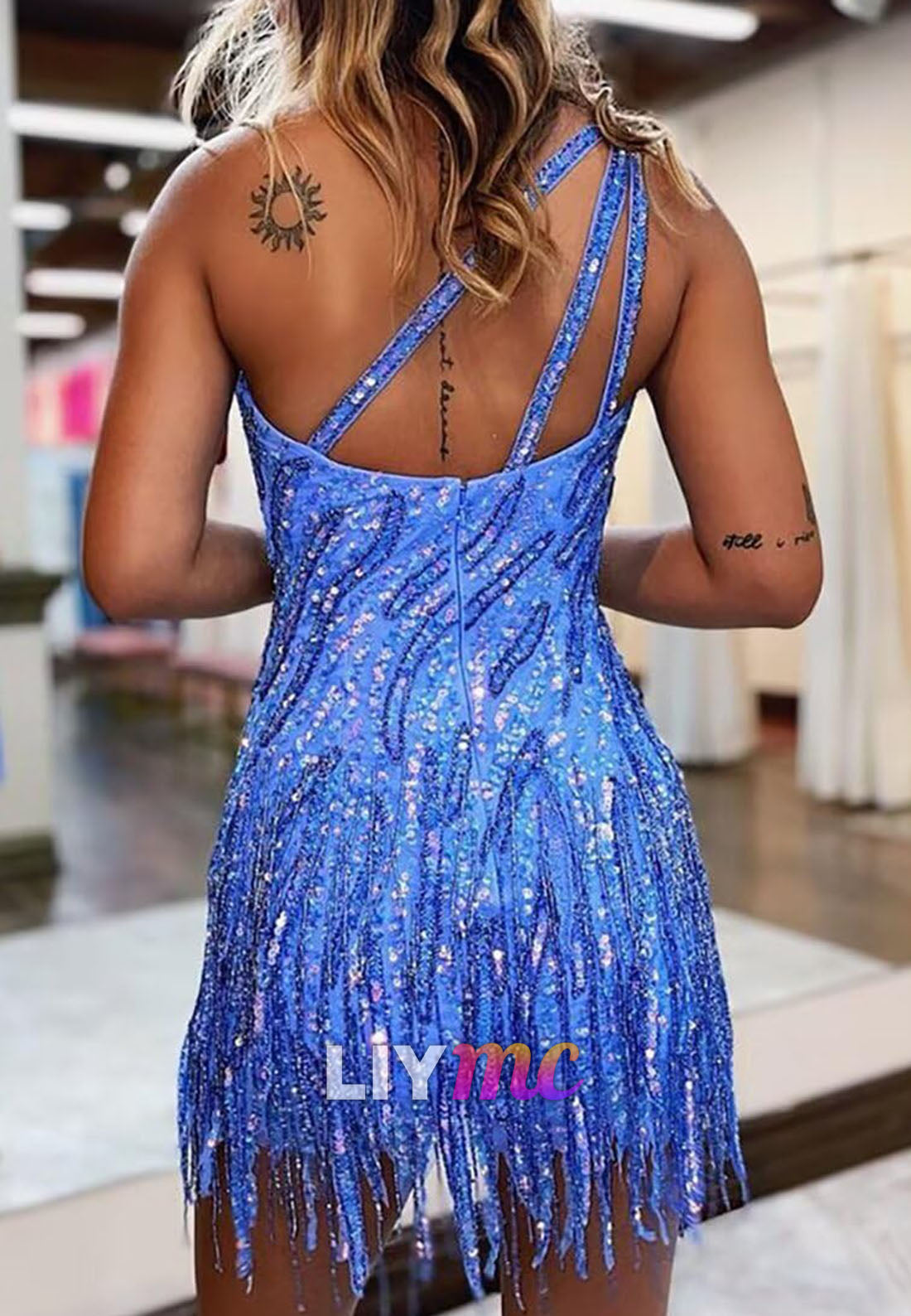 One Shoulder Beaded Fringe Sequins Sheath Party Homecoming Dress