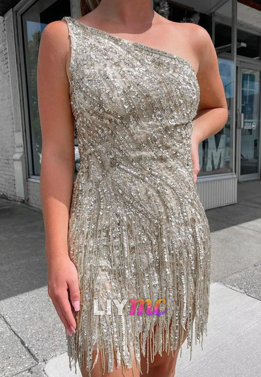 One Shoulder Beaded Fringe Sequins Sheath Party Homecoming Dress