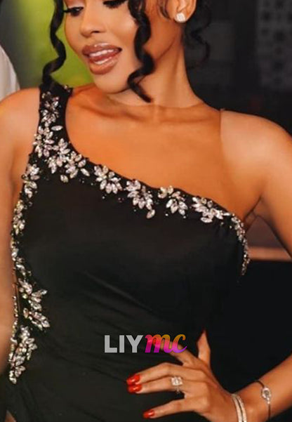 One Shoulder Beaded Side Slit Sheath Prom Dress