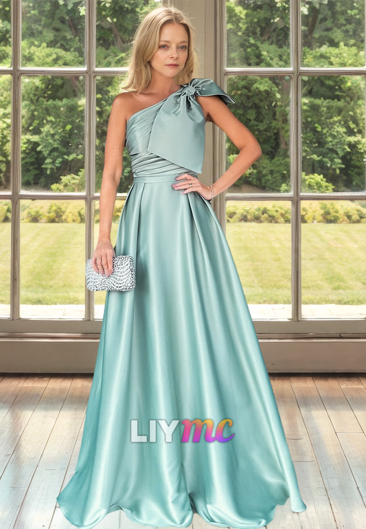 One Shoulder Bowknot Sleeveless Sleek Pleated Satin A-Line Mother of Bride Dress