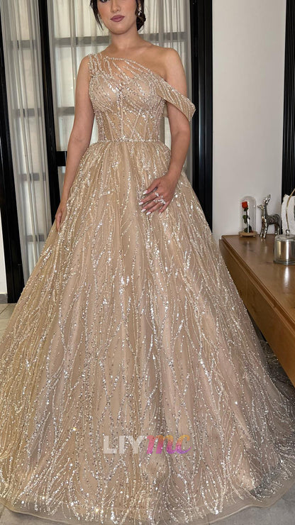 One Shoulder Cap Sleeves Beaded Embroidery A-Line Evening Dress