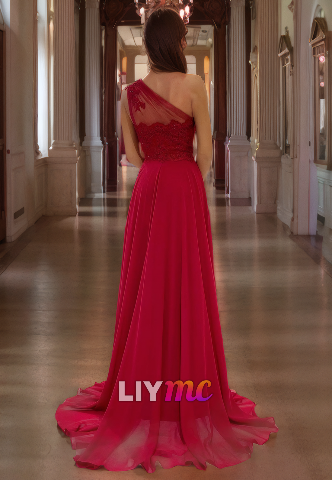 One Shoulder Chiffon Appliques A-Line Prom Dress