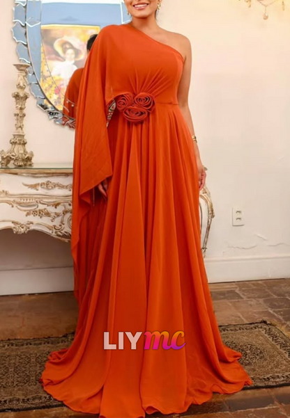 One Shoulder Chiffon Floral Embellished A-Line Evening Dress